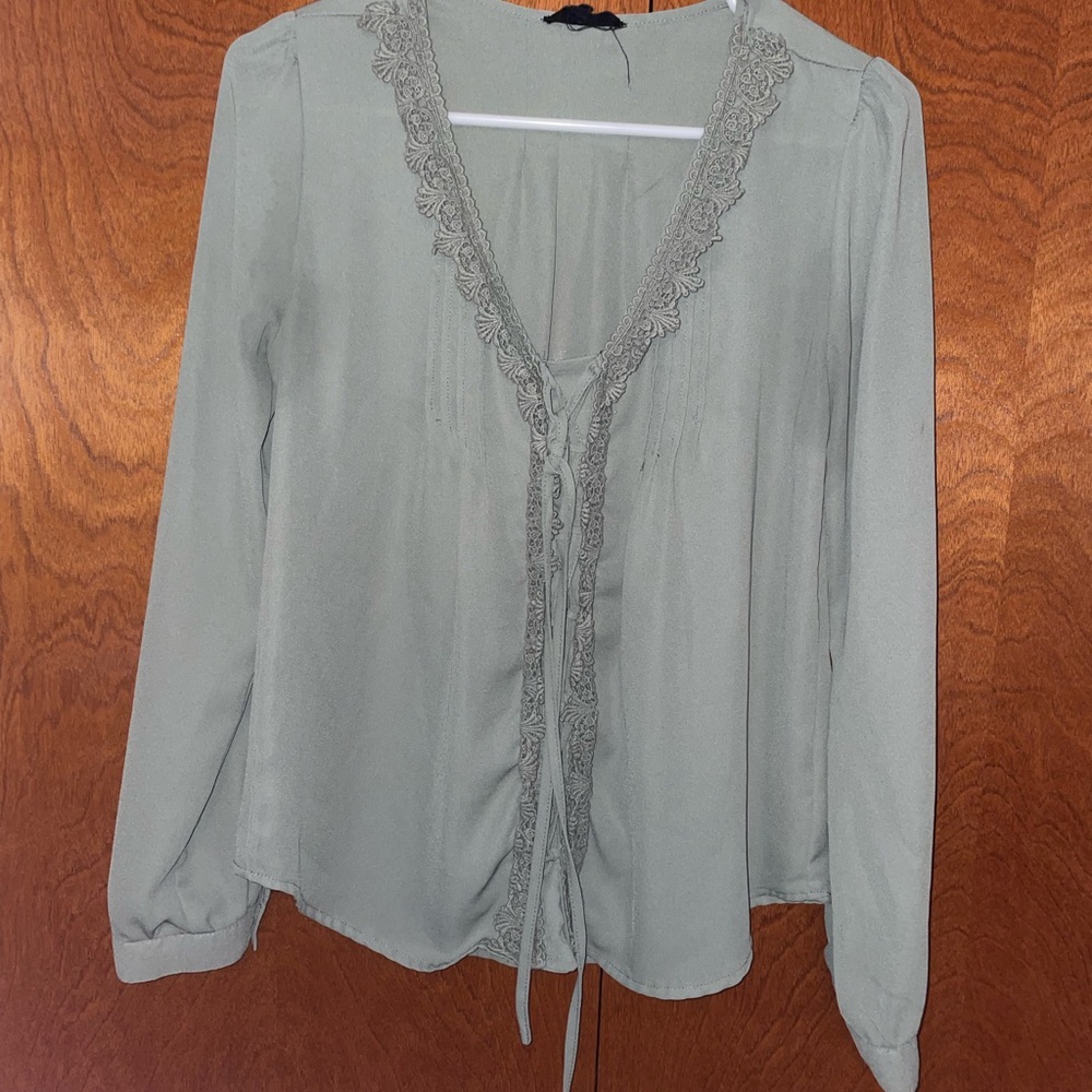 Cream Ruffled Tie Front Long Sleeve Blouse